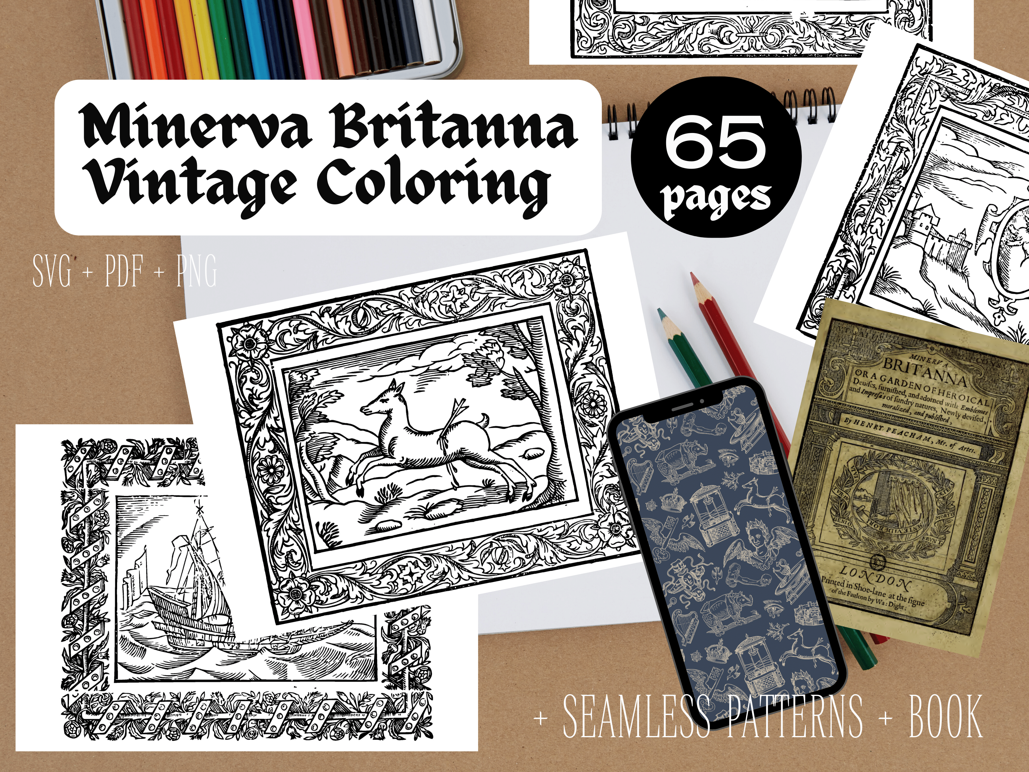 New Release – Minerva Britanna (1612) Woodcut Illustration based Colouring + Pattern Set